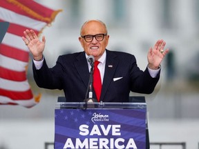 U.S. President Donald Trump's personal lawyer Rudy Giuliani speaks as Trump supporters gather by the White House ahead of his speech to contest the certification by the U.S. Congress of the results of the 2020 U.S. presidential election in Washington, U.S, January 6, 2021.