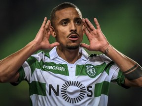 Sporting's Portuguese defender Bruno Gaspar celebrates a goal during the Portuguese League football match between Sporting CP and OS Belenenses at the Jose Alvalade stadium in Lisbon on January 3, 2019.
