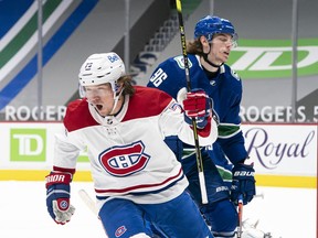 Tyler Toffoli celebrates one of the nine goals he’s scored so far this season — eight of them in five games against his former team, the Canucks — in his hat-trick performance on Jan. 20 at Rogers Arena.