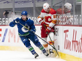 Quinn Hughes and the Vancouver Canucks took it to Joakim Nordstrom and the Calgary Flames in the first period but failed to score despite a 20-shot outburst. Still, they managed a hard-fought 3-1 victory to break a six-game losing streak.