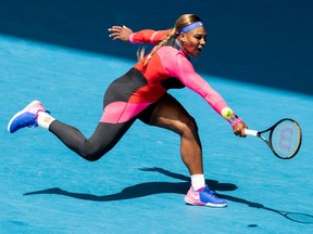 Serena Williams plays a backhand in her Women's Singles fourth round match against Aryna Sabalenka during day seven of the 2021 Australian Open at Melbourne Park on Feb. 14, 2021, in Melbourne, Australia.