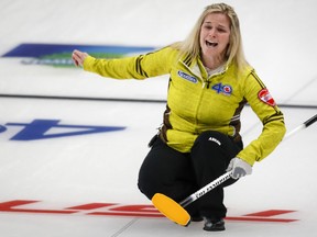 Team Manitoba skip Jennifer Jones reacts as she makes her last shot against Team Saskatchewan at the Scotties Tournament of Hearts in Calgary, Alta., Monday, Feb. 22, 2021.