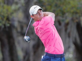 Rory McIlroy plays his shot from the 15th tee during the third round of World Golf Championships at The Concession golf tournament at The Concession Golf Club in Bradenton, Fla., Feb. 27, 2021.
