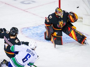 Canucks winger Brock Boeser went post and in against Flames goalie Jacob Markstrom on Feb. 17 at the Scotiabank Saddledome in Calgary.