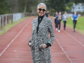 Valerie Jerome on the track this week at West Vancouver secondary school, which is being rebuilt and will be renamed for her late brother Harry, once the fastest man in the world who set seven world records during his career.