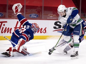 Canucks winger Brock Boeser bears down on Montreal Canadiens goalie Carey Price during Saturday’s game at the Bell Centre. Boeser has 16 goals, good for a share of ninth place on the NHL goal-scoring chart, heading into Monday’s game against the Winnipeg Jets.