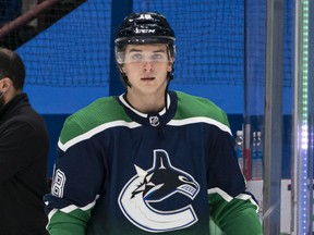 Jake Virtanen of the Vancouver Canucks pictured during the pre-game warmup prior to an NHL game against the Winnipeg Jets at Rogers Arena on Feb. 19, 2021.