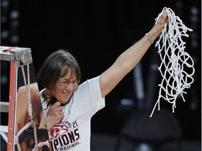Head coach Tara VanDerveer of the Stanford Cardinal cuts down a net after her team's 75-55 victory over the UCLA Bruins to win the championship game of the Pac-12 Conference women's basketball tournament at Michelob ULTRA Arena on March 7, 2021 in Las Vegas, Nevada. The Cardinal defeated the Bruins 75-55.