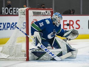 Canucks goalie Thatcher Demko makes a save against the Toronto Maple Leafs in the first period at Rogers Arena in Vancouver.