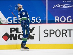 Vancouver Canucks forward Adam Gaudette (96) celebrates his goal against the Montreal Canadiens in the third period at Rogers Arena. Canucks won 2-1 in an overtime shootout.