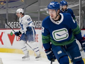 Toronto Maple Leafs forward John Tavares celebrates his goal against the Vancouver Canucks  in the first period at Rogers Arena.