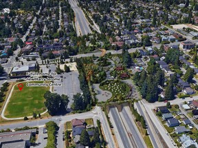 Artist’s rendition of a proposed urban park over Highway 1 around Lonsdale Avenue, bridging the North Vancouver city communities on the north side and the south side of that part of the Upper Levels Highway. To the left of the park/overpass is the future site of the rebuilt Harry Jerome Community Centre.