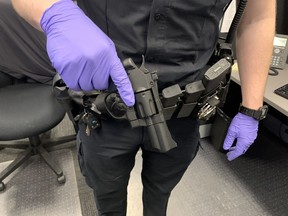 NEW WESTMINSTER, B.C.: March 2, 2021 -- Handout photo of a BB gun that was in the waistband of a man waiting for treatment at Royal Columbian Hospital on March 1, 2021. New Westminster Police were called by hospital staff. The man was safely taken into custody. Handout photo from New Westminster Police Deparment [PNG Merlin Archive]