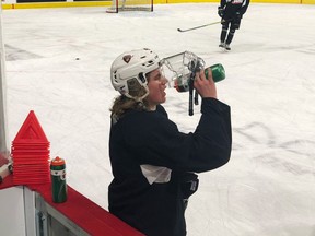 Mazden Leslie takes a water break during a recent Vancouver Giants practice. ‘I just want to show that I can keep up at this level and that I can do the same things that I did in midget,’ says the 15-year-old blueliner.