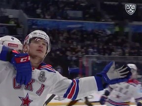 Vasili Podkolzin celebrates after scoring the opening goal in Monday's 3-2 overtime win for SKA St. Petersburg over Dynamo Moscow in the KHL playoffs.