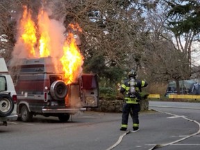 Firefighters on the scene of a fatal van fire in Victoria's Beacon Hill Park Thursday morning.