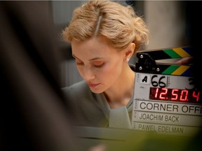 Actor Sarah Gadon is seen on the Vancouver set of the indie film Corner Office. Gadon works alongside Jon Hamm in this absurdist comedy shot during COVID-19.