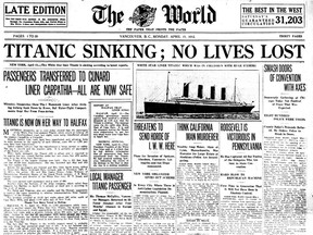 The front page of the Vancouver World on April 15, 1912, featuring the first reports of the Titanic disaster. The headline was wrong: over 1,500 people perished. For John Mackie [PNG Merlin Archive]