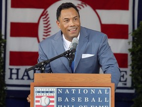 Roberto Alomar gives his speech at Clark Sports Center during the Baseball Hall of Fame induction ceremony on July 24, 2011 in Cooperstown, New York.