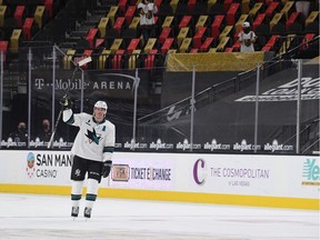 Patrick Marleau #12 of the San Jose Sharks skates on the ice after being named the third star of the game after playing in his 1,768th NHL game against the Vegas Golden Knights at T-Mobile Arena on April 19, 2021 in Las Vegas, Nevada. With this game, Marleau breaks Gordie Howe's record of 1,767 career NHL games played.