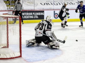 Drew Sim (33) made 16 saves on Thursday, April 15, 2021 to record his first career WHL shutout as the Vancouver Giants beat the Victoria Royals 4-0 at the Sandman Centre in Kamloops. Photo: Allen Douglas.