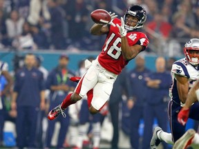 Taylor Gabriel of the Atlanta Falcons makes a catch during the third quarter against the New England Patriots during Super Bowl 51 at NRG Stadium on February 5, 2017 in Houston, Texas.