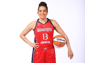 Aislinn Konig of the Washington Mystics during 2021 WNBA Media Day at the Entertainment and Sports Arena in St. Elizabeth's on April 26 in Washington, D.C.