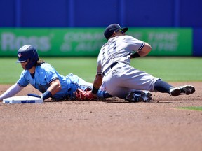 Blue Jays' Bo Bichette steals second base as New York Yankees second baseman Rougned Odor covers during the first inning at TD Ballpark.