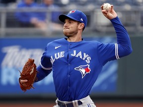 Starting pitcher Steven Matz of the Toronto Blue Jays throws against the Kansas City Royals at Kauffman Stadium on April 17, 2021 in Kansas City, Missouri.