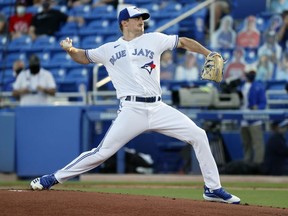 Toronto Blue Jays starting pitcher Ross Stripling throws a pitch during the first inning against the Los Angeles Angels at TD Ballpark.