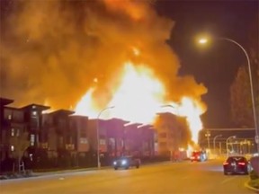 A screen grab of the fire currently burning at a Langley apartment complex.