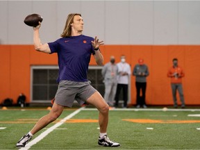 Clemson Tigers quarterback Trevor Lawrence works out during Pro Day in Clemson, South Carolina.