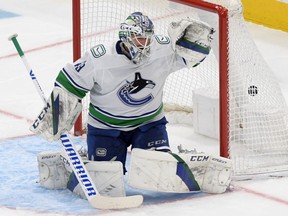Vancouver Canucks goalie Braden Holtby is beaten for a goal by a shot from Toronto Maple Leafs forward Pierre Engvall during the second period at Scotiabank Arena on Thursday.