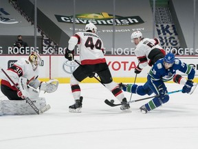 Goalie Matt Murray, here holding the fort against Canucks forward Brandon Sutter during a Rogers Arena game in January, has been a standout in net for the Senators since returning from injury, with two wins — including a shutout — in three games and a .938 save percentage.