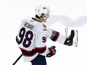 Regina Pats' Connor Bedard celebrates Friday's overtime goal against Brandon. Keith Hershmiller Photography.