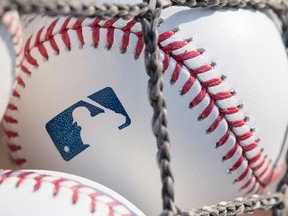 A baseball with MLB logo is seen at Citizens Bank Park before a game between the Washington Nationals and Philadelphia Phillies on June 28, 2018 in Philadelphia.