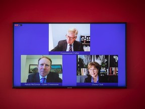 Former B.C. premier Christy Clark testifies remotely during the Cullen Commission into money laundering, in Vancouver, on Tuesday, April 20, 2021. Pictured with her on the live stream are Commissioner Austin Cullen and co-lead counsel Patrick McGowan.
