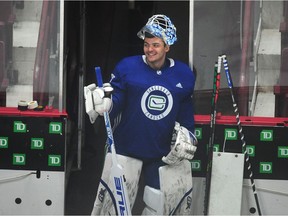 ‘You’re talking about community, he engages with the people around him. I haven’t seen a rookie player, period, whatever, goaltender, have an effect on his teammates the way he did his rookie season,’ Abbotsford Canucks GM Ryan Johnson says of goalie Mike DiPietro (above).