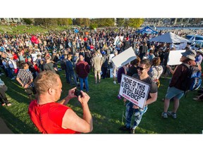 Protesters gathered at a so-called freedom rally at Sunset Beach in downtown Vancouver on April 20, 2021.