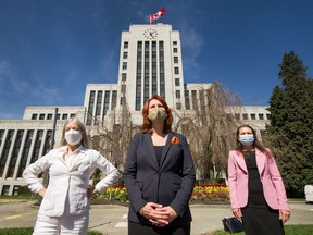 Three NPA Vancouver Councillors, Left to right: Colleen Hardwick, Sarah Kirby-Yung and Lisa Dominato in front of Vancouver City Hall in Vancouver, BC, April 21, 2021.