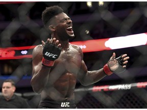 Aljamain Sterling celebrates after defeating Cody Stamann in their bantamweight mixed martial arts bout at UFC 228 on Saturday, Sept. 8, 2018, in Dallas.