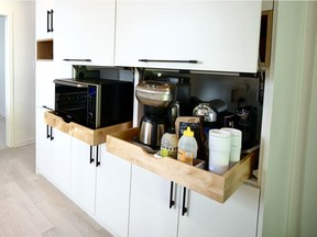 Replace shelves with pull-out drawers in the kitchen to make it easier to access items, including appliances and things people use more often.