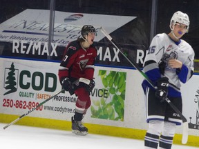 Vancouver Giants forward Kaden Kohle celebrates his second-period goal Saturday against the Victoria Royals in Kelowna. Vancouver went on to win 5-4 in a shootout, ending a four-game losing skid.