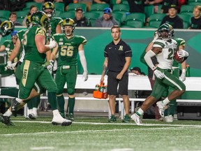 Nelson Lokombo watches the Regina Rams try to catch him after he intercepted a ball in the USports matchup.
