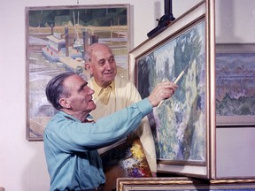 April 30, 1960. Artists Charles Scott (left) and W.P. (William Percival) Weston pose with some of their works.