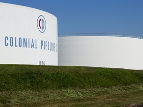 Holding tanks are seen at Colonial Pipeline's Linden Junction Tank Farm in Woodbridge, New Jersey, U.S.