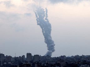 Rockets are fired from Gaza City, controlled by the Palestinian Islamist movement Hamas, towards Israel on May 11, 2021.