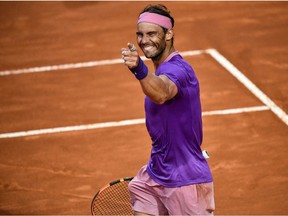 Spain's Rafael Nadal celebrates after defeating Serbia's Novak Djokovic during the final of the Men's Italian Tennis Open at Foro Italico on May 16, 2021 in Rome, Italy.