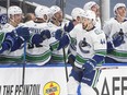 Vancouver Canucks' Tyler Graovac (44) celebrates a goal against the Edmonton Oilers during second period NHL action in Edmonton on Thursday.