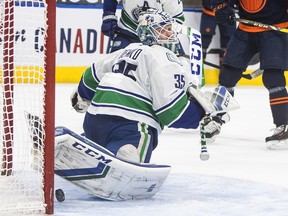 Vancouver Canucks goalie Thatcher Demko makes the save during second period NHL action against the Edmonton Oilers, in Edmonton on Saturday.